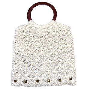 Natural Macrame Cream Rope Wooden Ring Handle Purse Tote